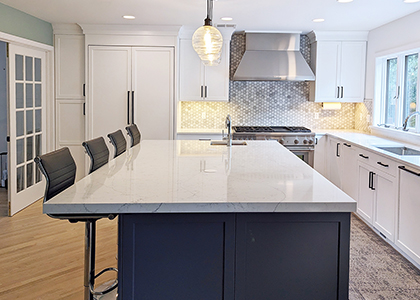 Chappaqua, NY - Beveled shaker door painted white cabinetry with a quartz graphics countertop