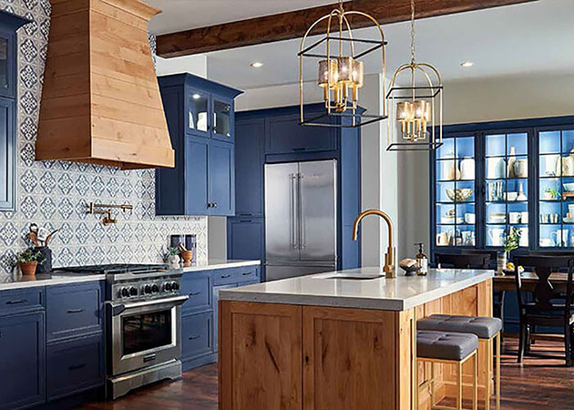 Transitional Blue Kitchen with Shiplap Range Hood